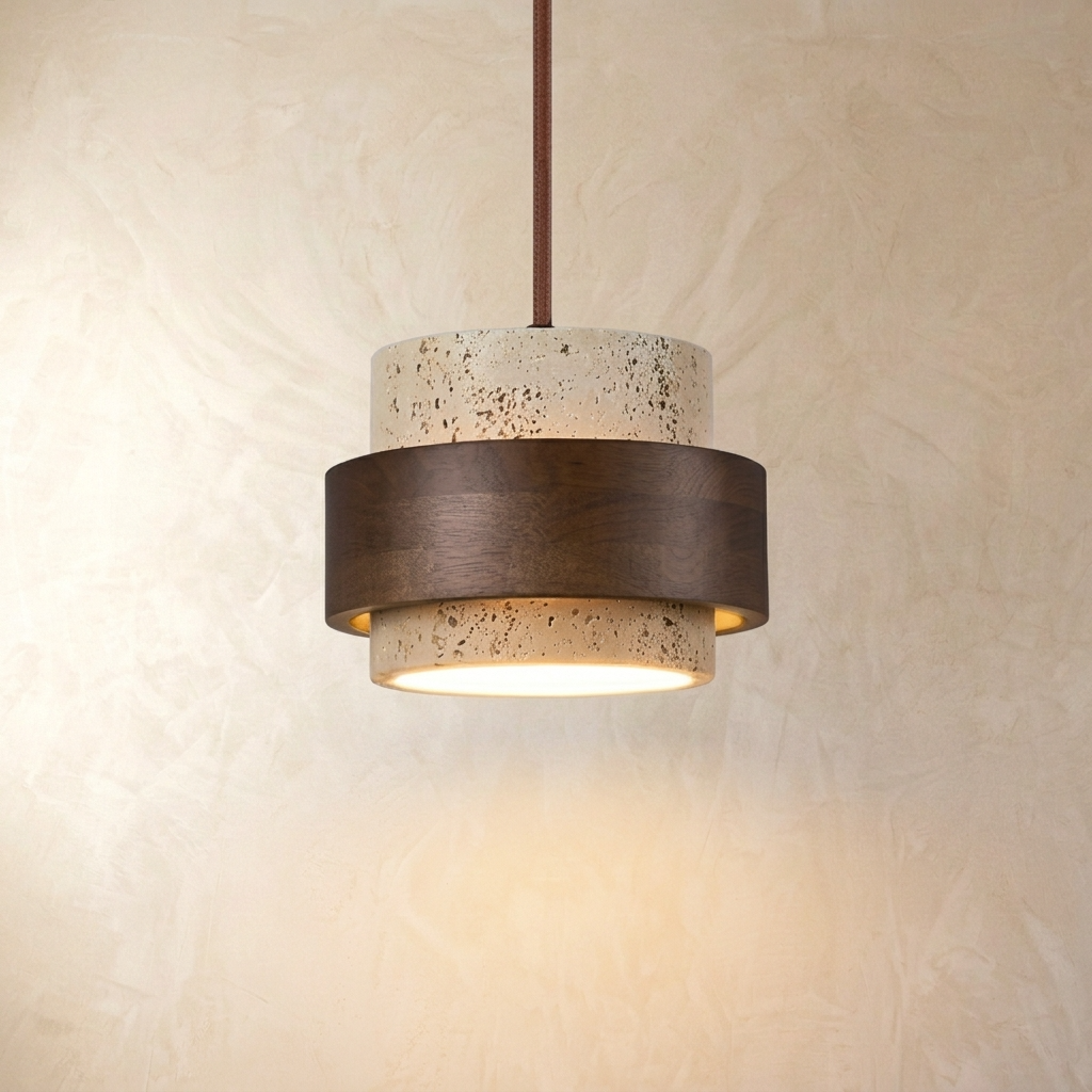 Travertine stone pendant light with walnut wood band