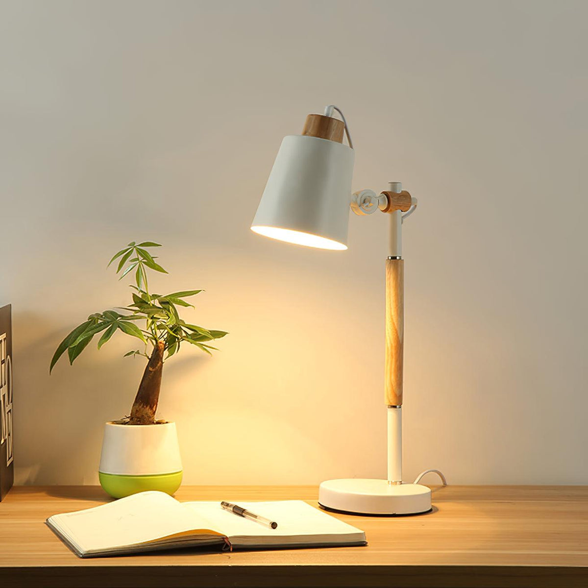 Modern desk lamp with Scandinavian wood accent on a home office desk