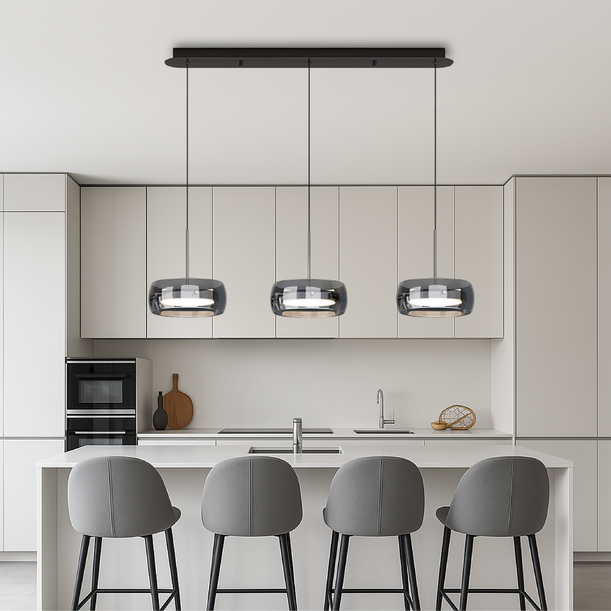 Multi-light glass pendant over a dining table