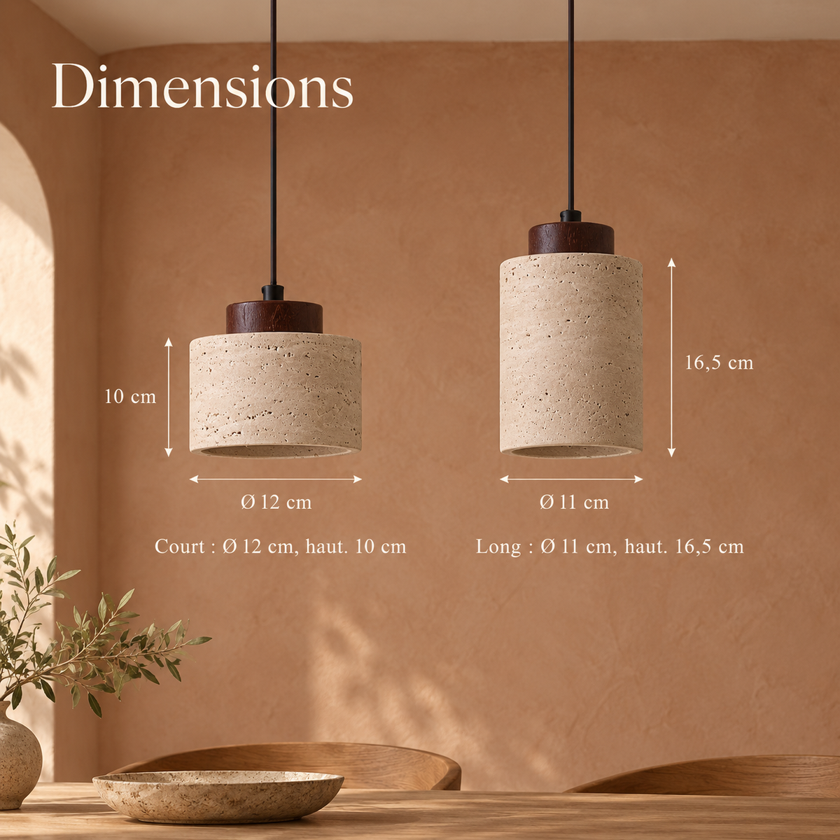 Cylindrical Travertine Pendant Light with Walnut Ceiling Rose – view 8 | BROKLEN