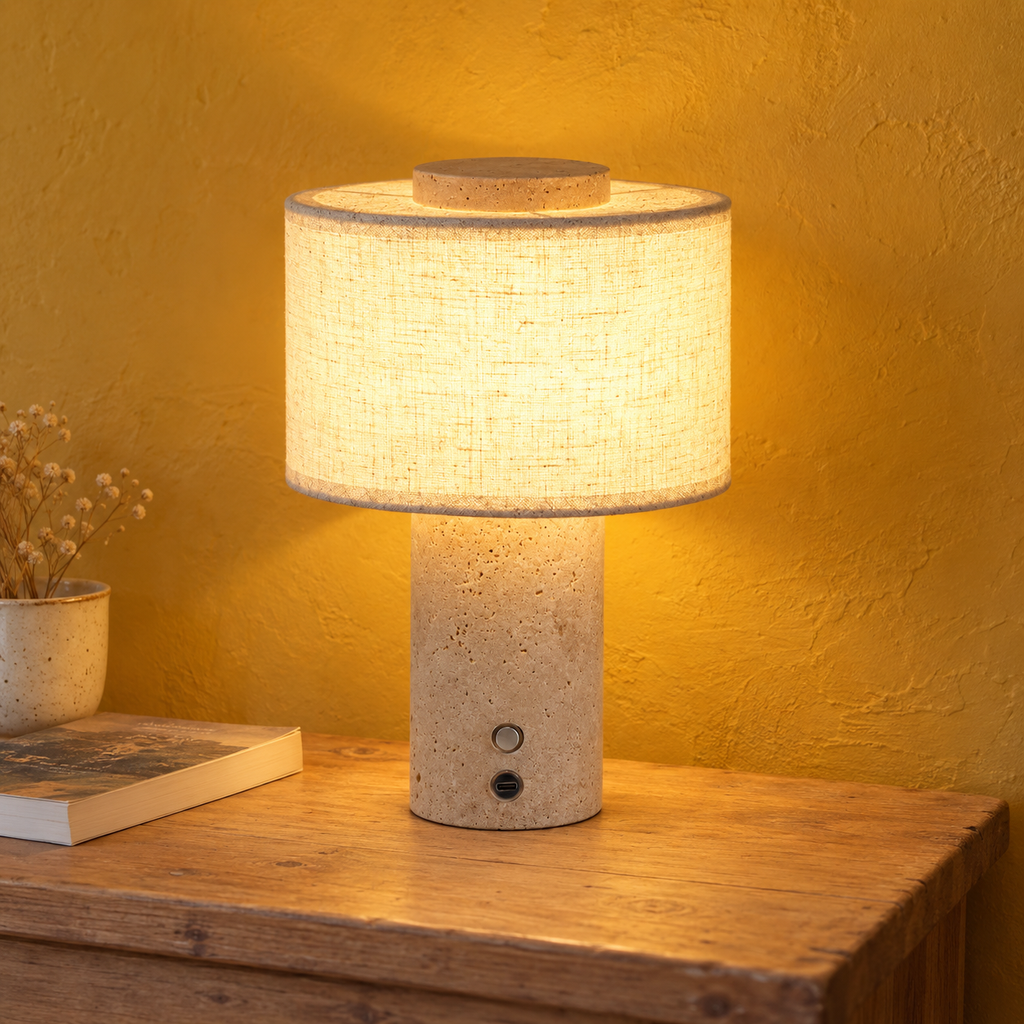 Cordless Travertine and Linen Bedside Lamp, USB-C Rechargeable