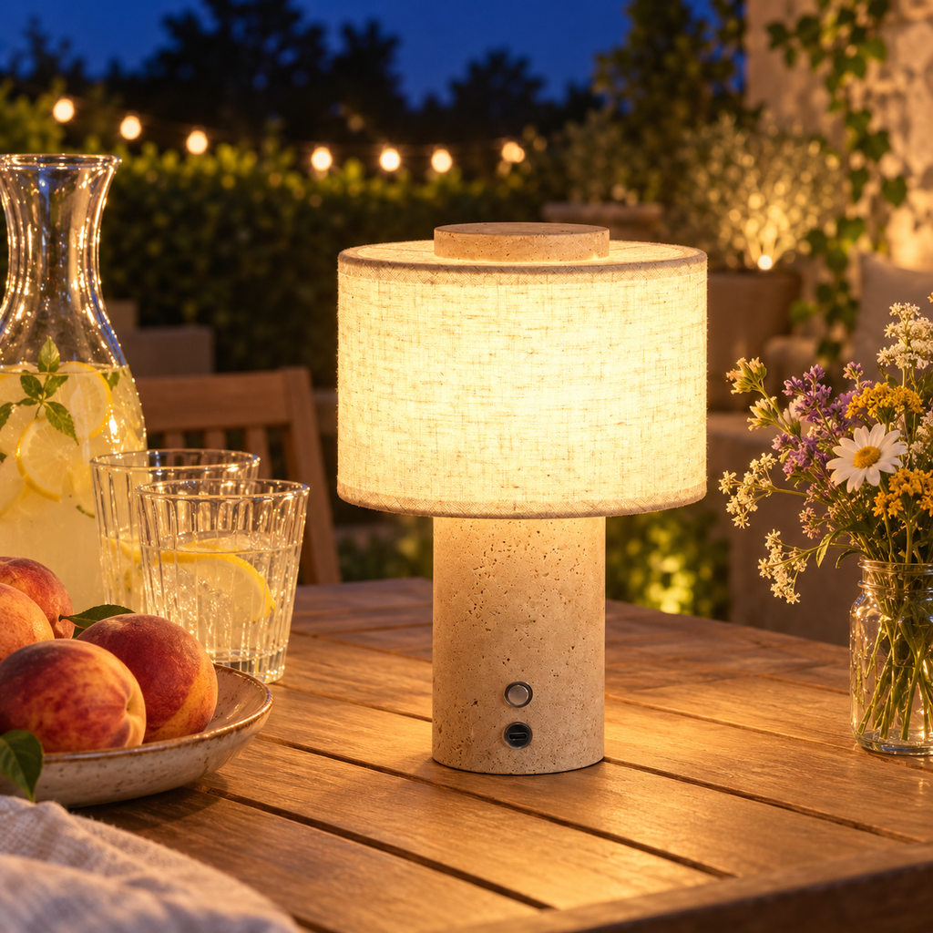 Cordless Travertine and Linen Bedside Lamp, USB-C Rechargeable – view 2 | BROKLEN