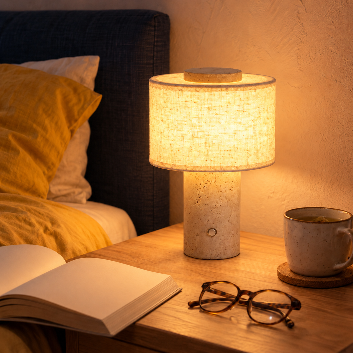 Cordless Travertine and Linen Bedside Lamp, USB-C Rechargeable – view 3 | BROKLEN
