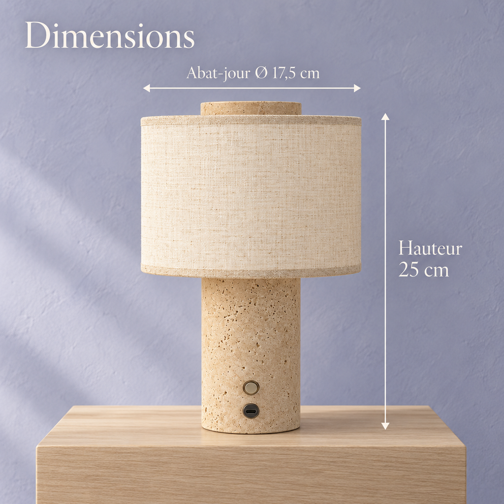 Cordless Travertine and Linen Bedside Lamp, USB-C Rechargeable – view 4 | BROKLEN