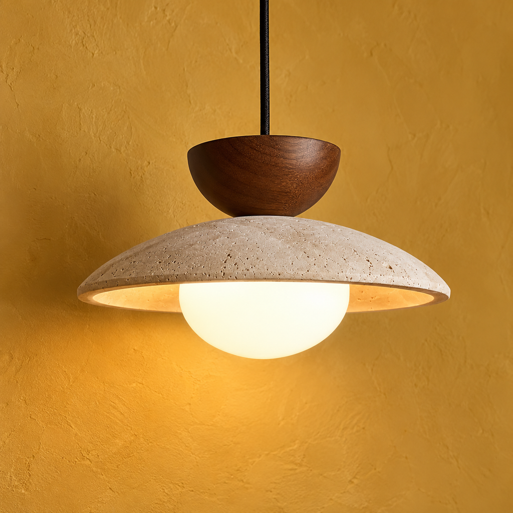 Travertine and Wood Disc Pendant Light, Ø 21 cm