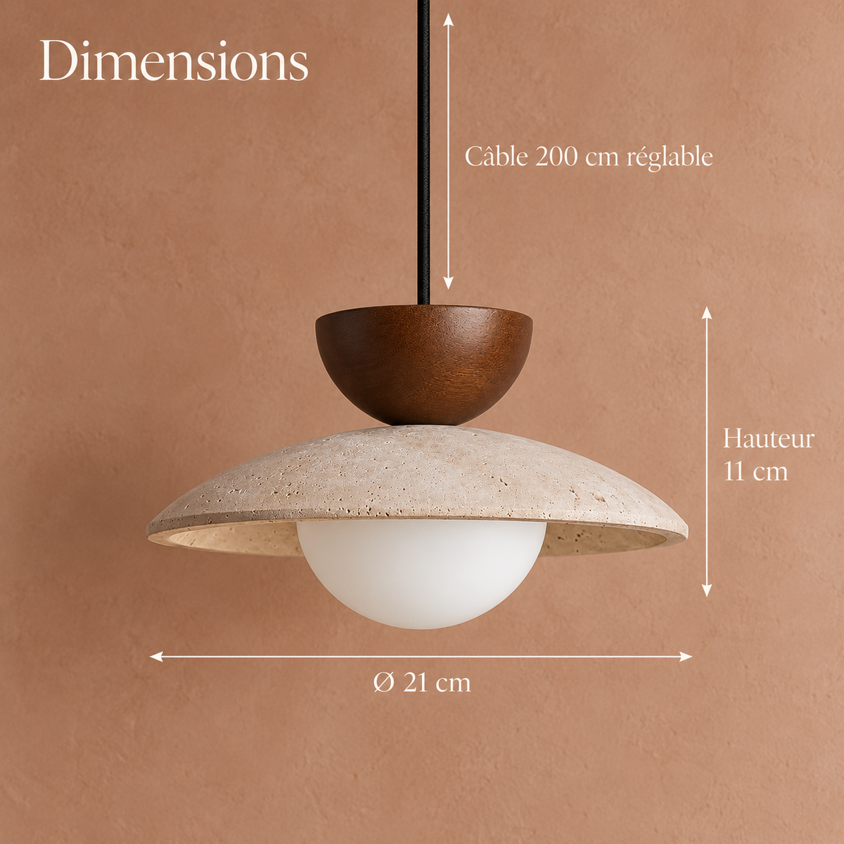 Travertine and Wood Disc Pendant Light, Ø 21 cm – view 7 | BROKLEN