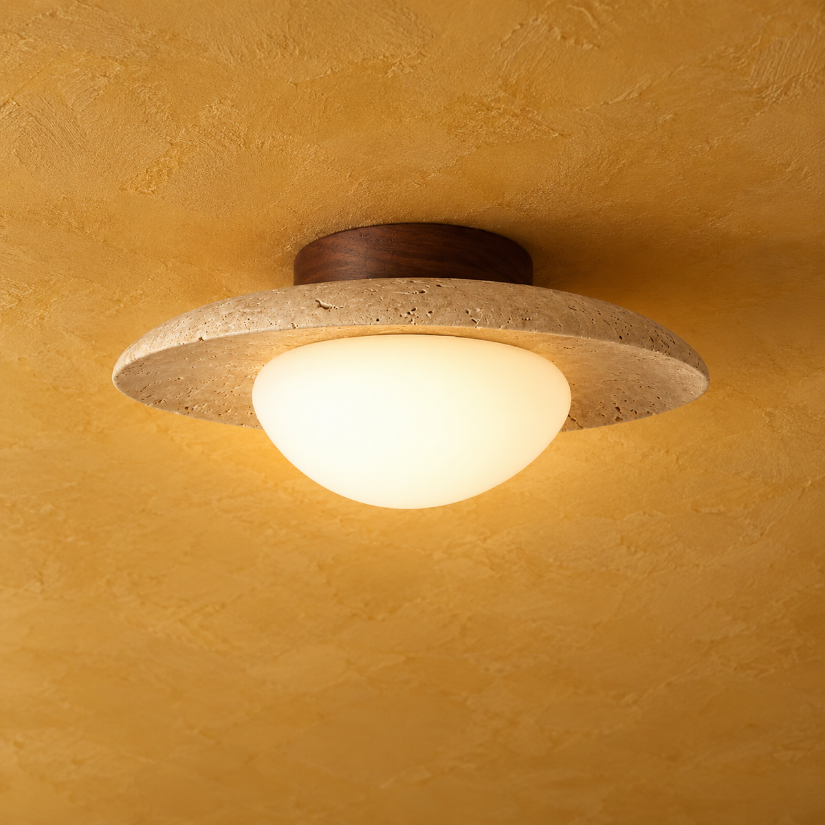 Travertine and Wood Ceiling Light with Opal Globe, Ø 25 cm