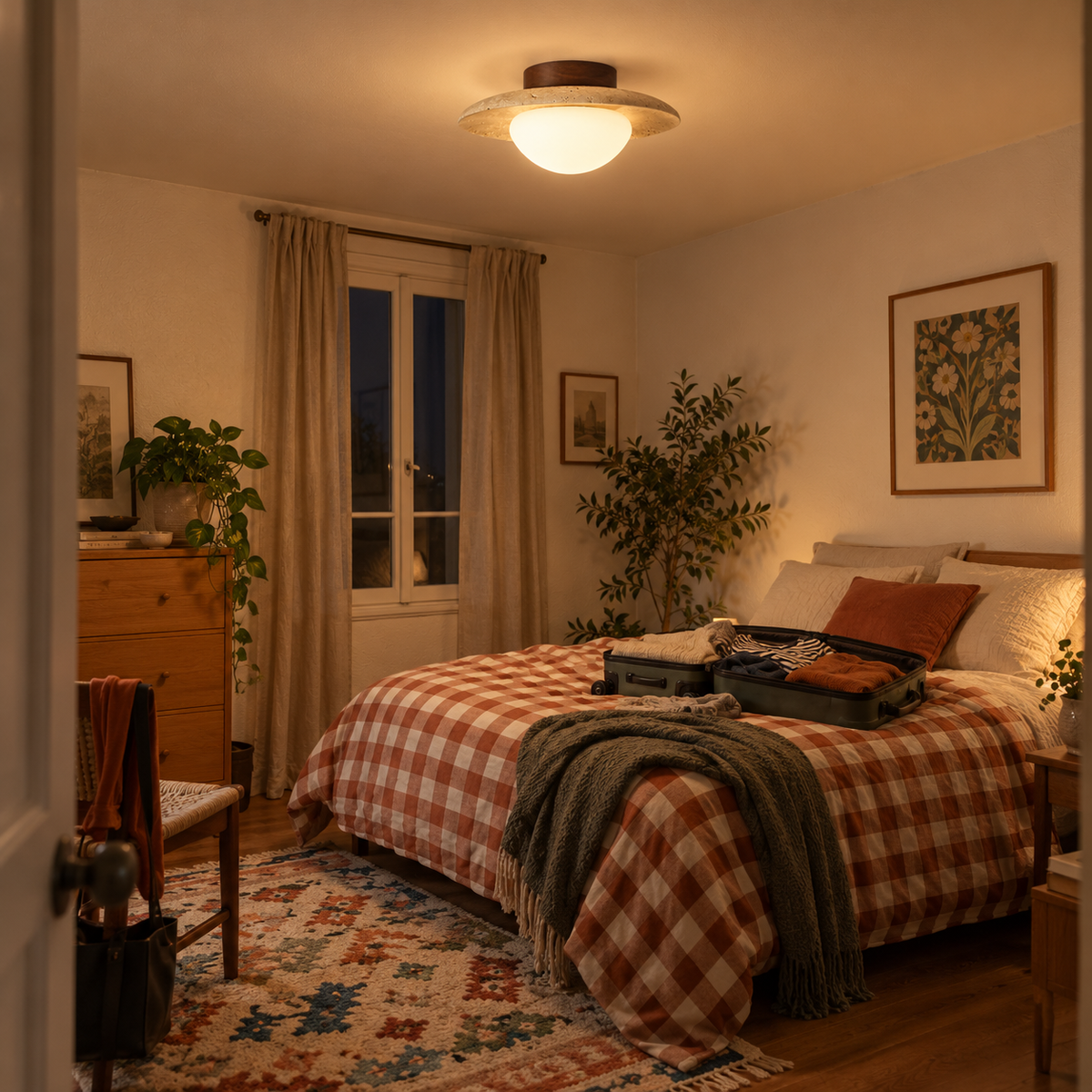 Travertine and Wood Ceiling Light with Opal Globe, Ø 25 cm – view 2 | BROKLEN