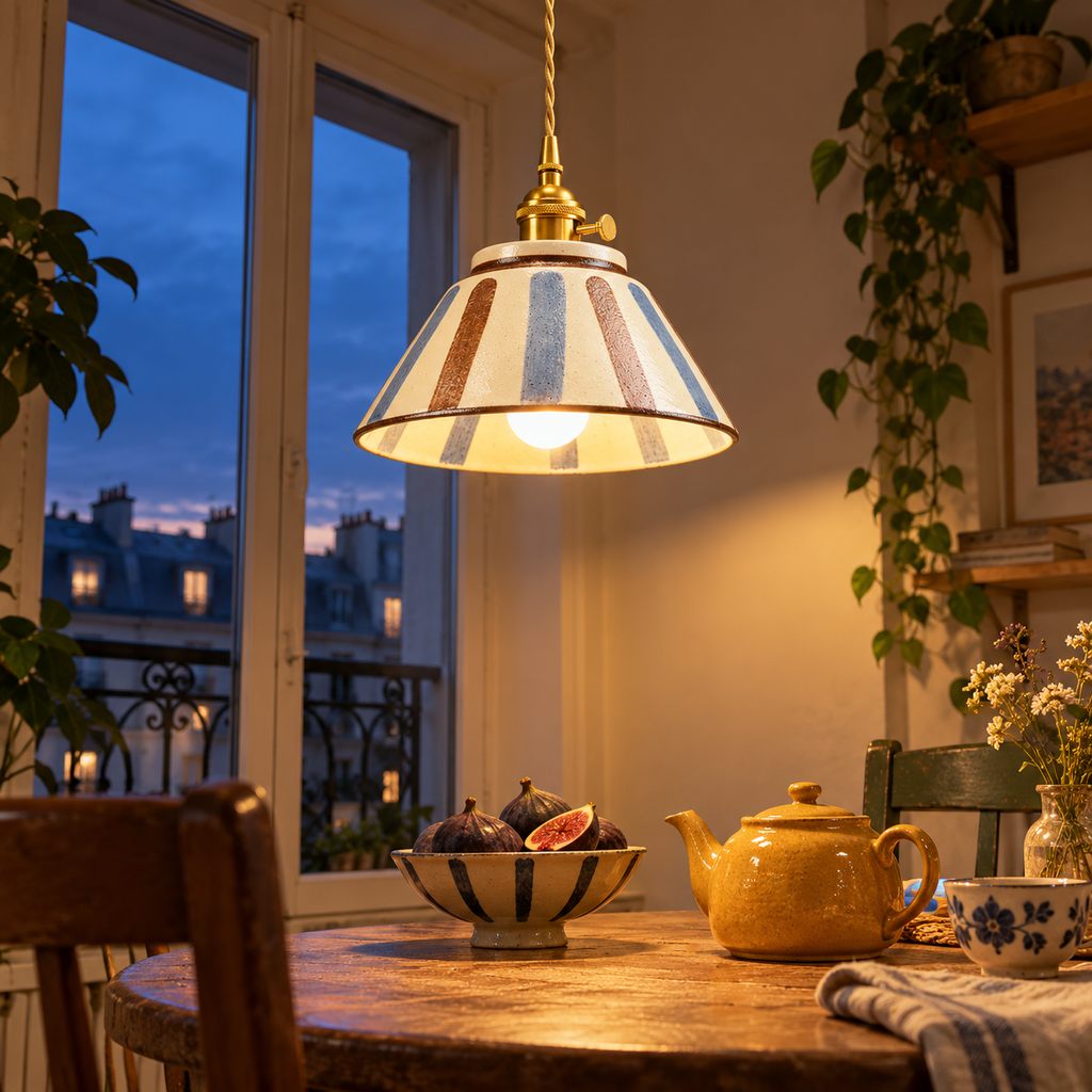 Hand-Painted Ceramic Pendant Light, Blue and Terracotta Stripes – view 3 | BROKLEN