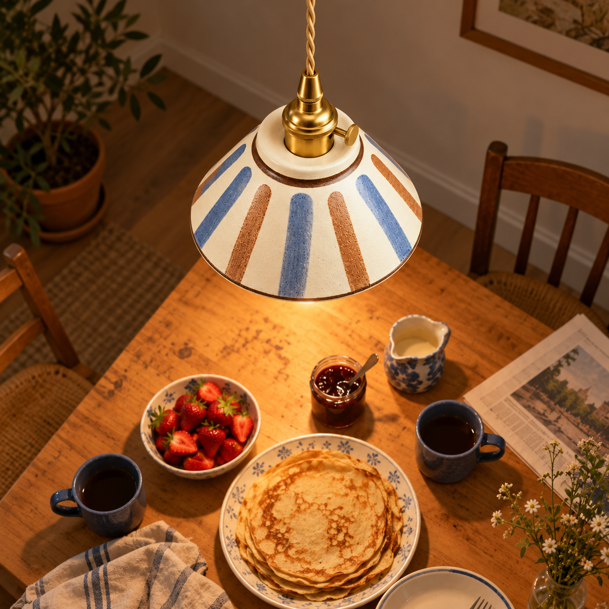 Hand-Painted Ceramic Pendant Light, Blue and Terracotta Stripes – view 5 | BROKLEN