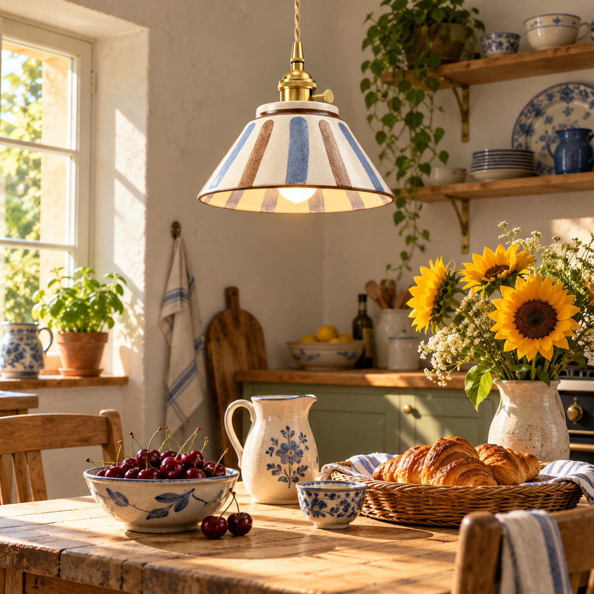 Hand-Painted Ceramic Pendant Light, Blue and Terracotta Stripes – view 6 | BROKLEN
