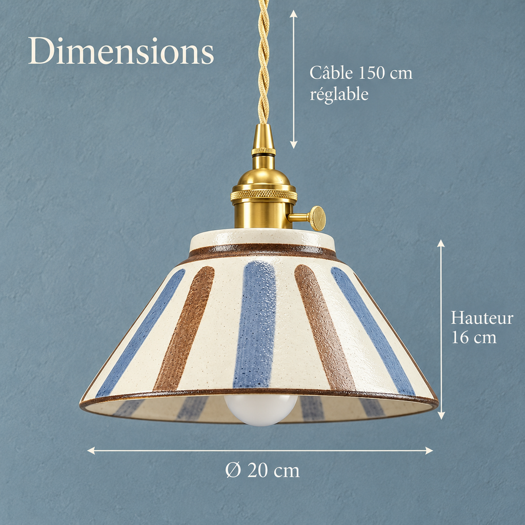 Hand-Painted Ceramic Pendant Light, Blue and Terracotta Stripes – view 7 | BROKLEN