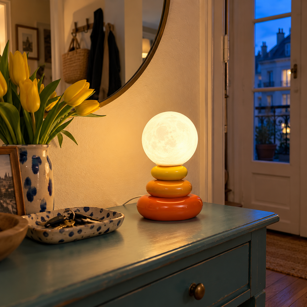Stacked Ceramic Pebble Table Lamp with Moon Globe – view 3 | BROKLEN