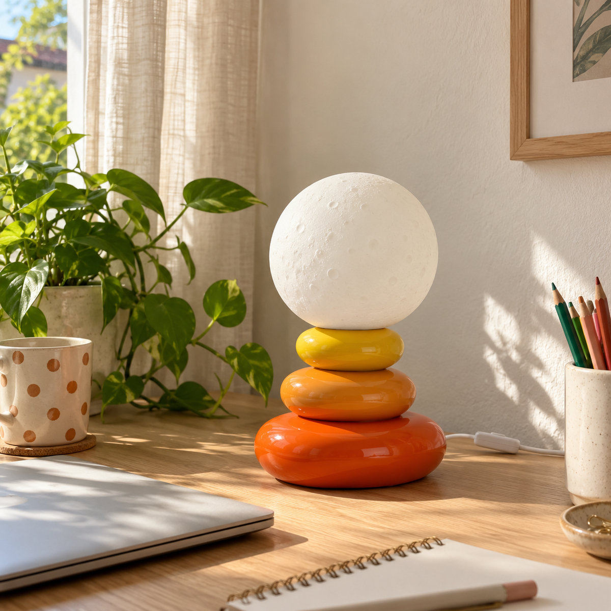 Stacked Ceramic Pebble Table Lamp with Moon Globe – view 5 | BROKLEN