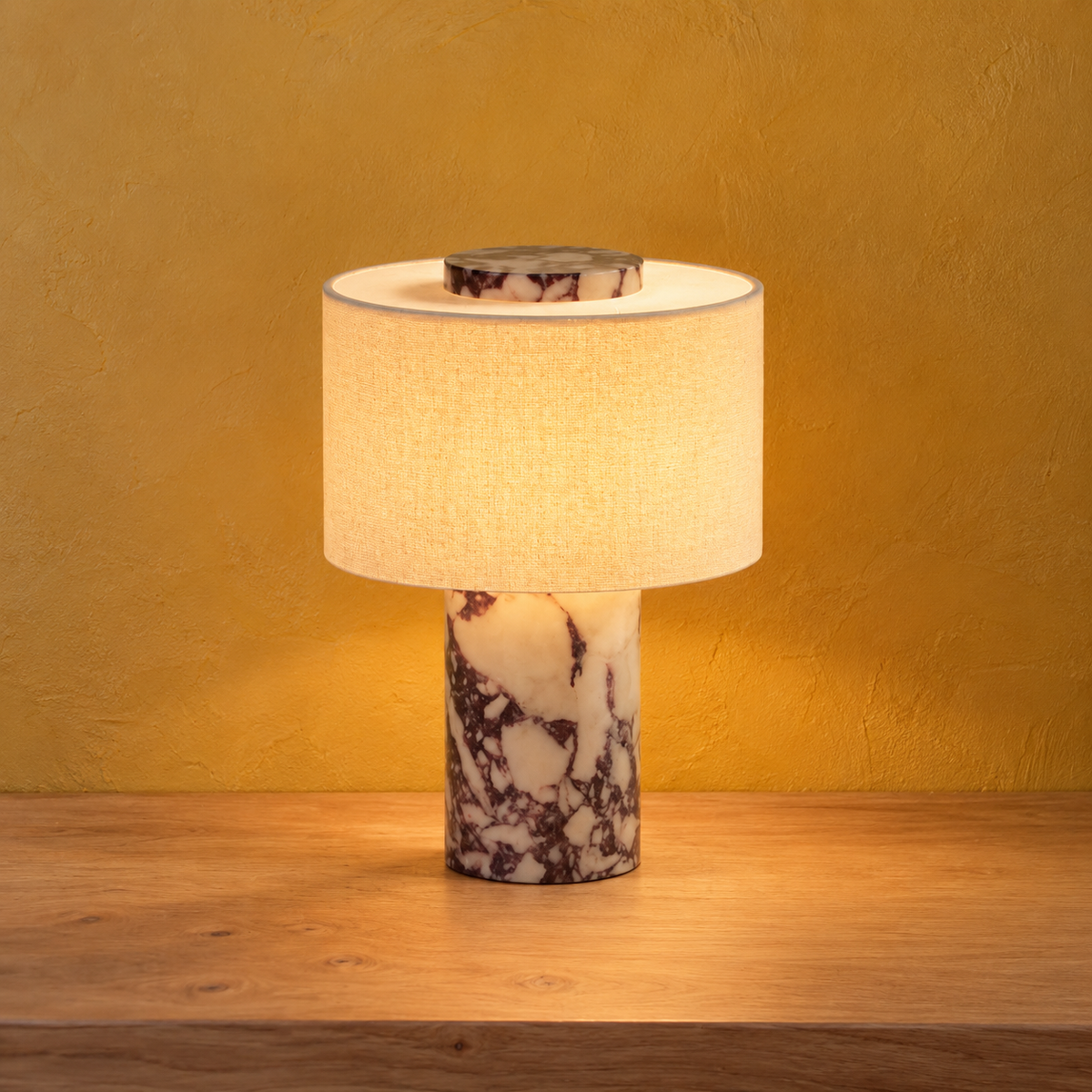 Cordless Veined Marble and Linen Bedside Lamp, Rechargeable