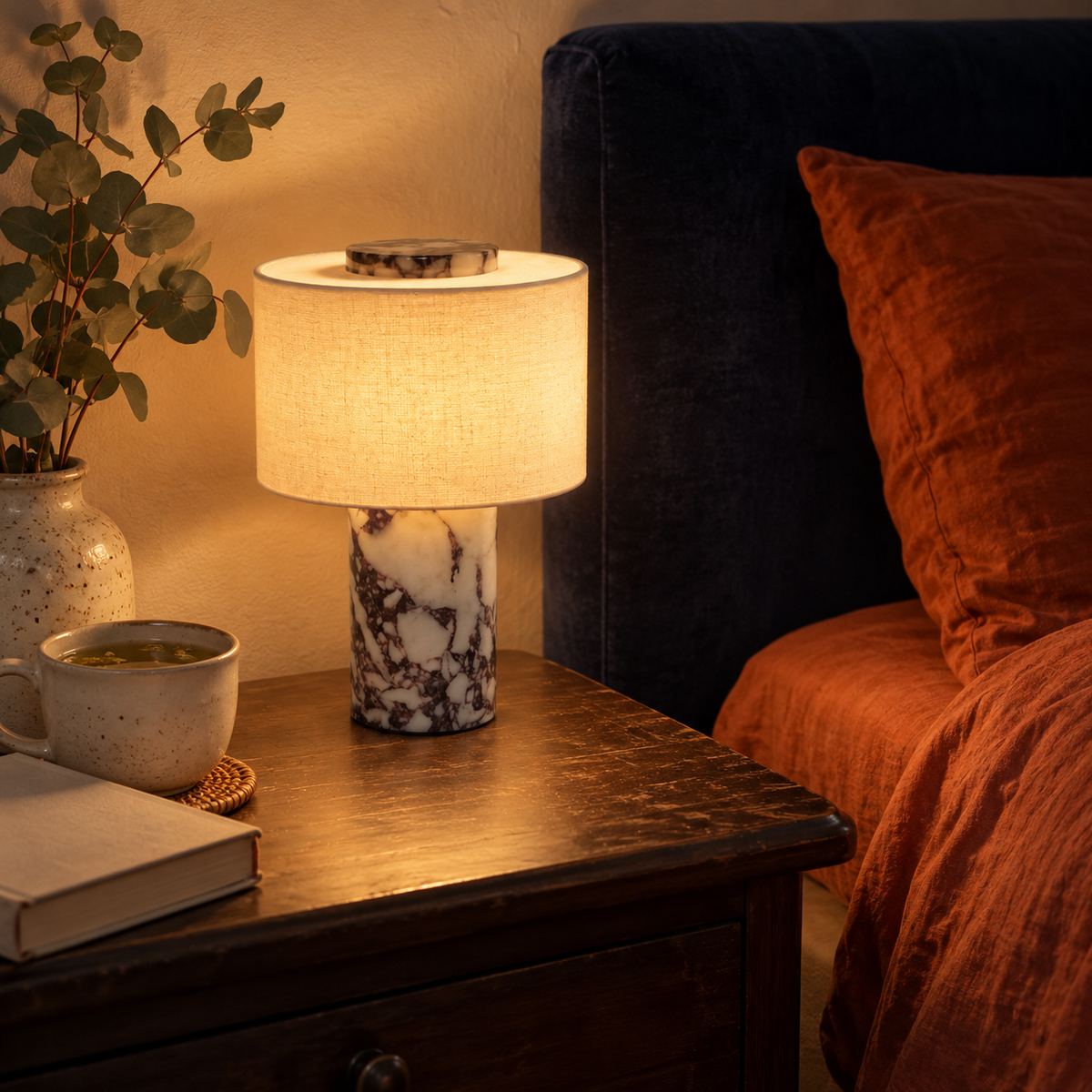 Cordless Veined Marble and Linen Bedside Lamp, Rechargeable – view 2 | BROKLEN