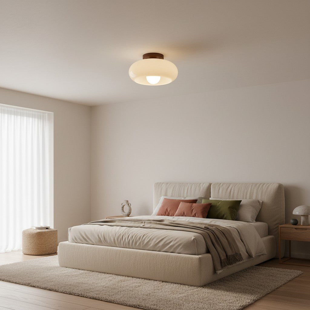 Bauhaus Opal Glass Ceiling Light with Walnut Base – view 4 | BROKLEN