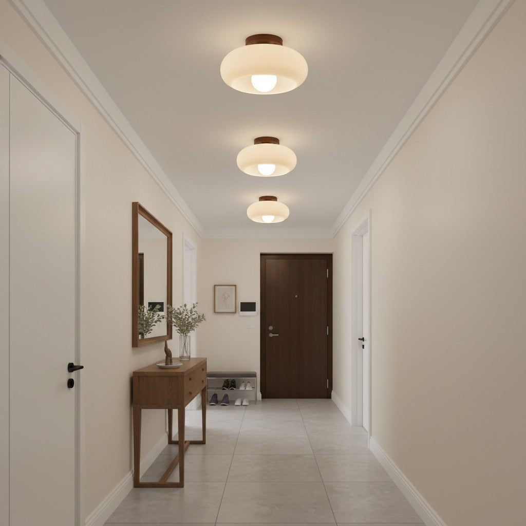 Bauhaus Opal Glass Ceiling Light with Walnut Base – view 5 | BROKLEN