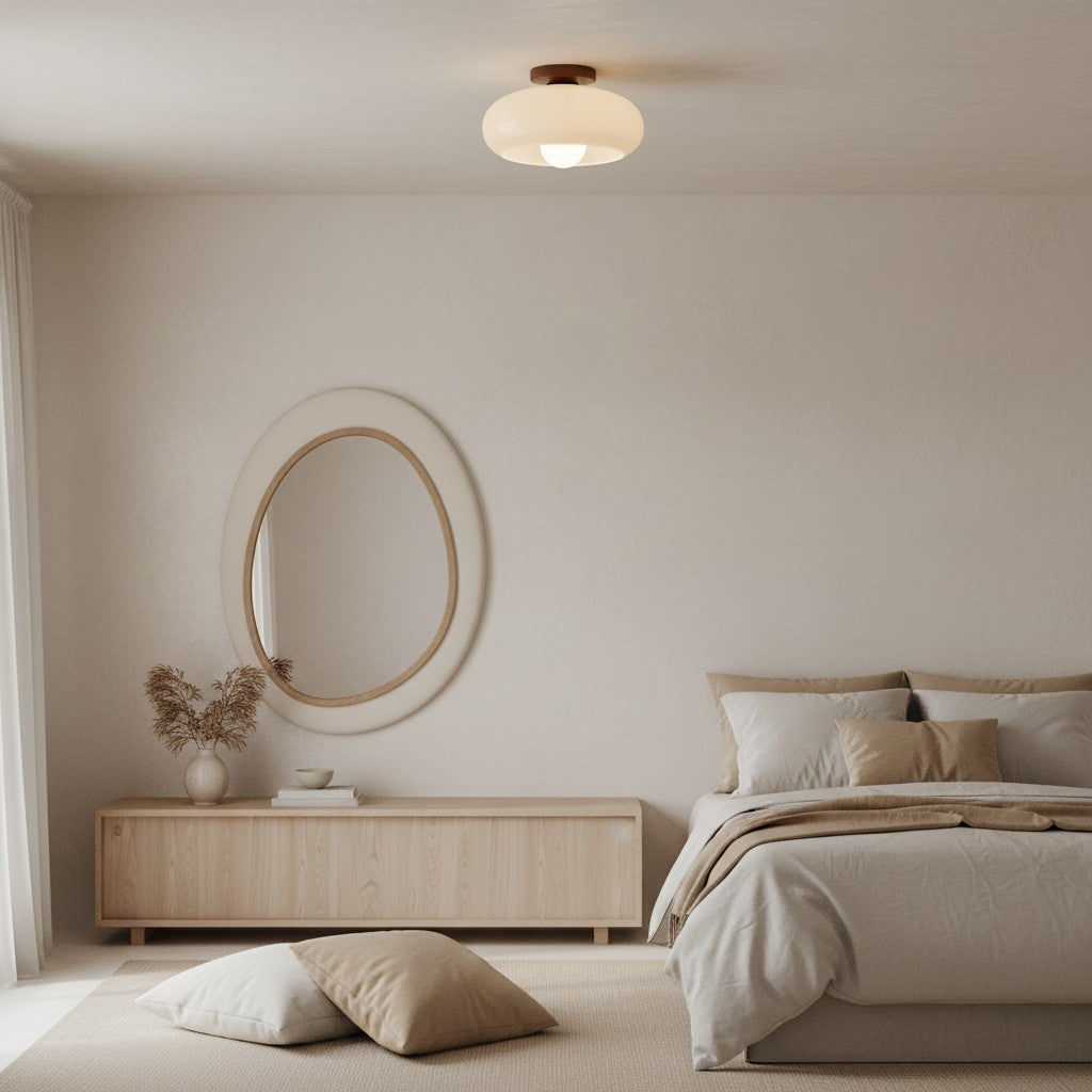 Bauhaus Opal Glass Ceiling Light with Walnut Base – view 2 | BROKLEN