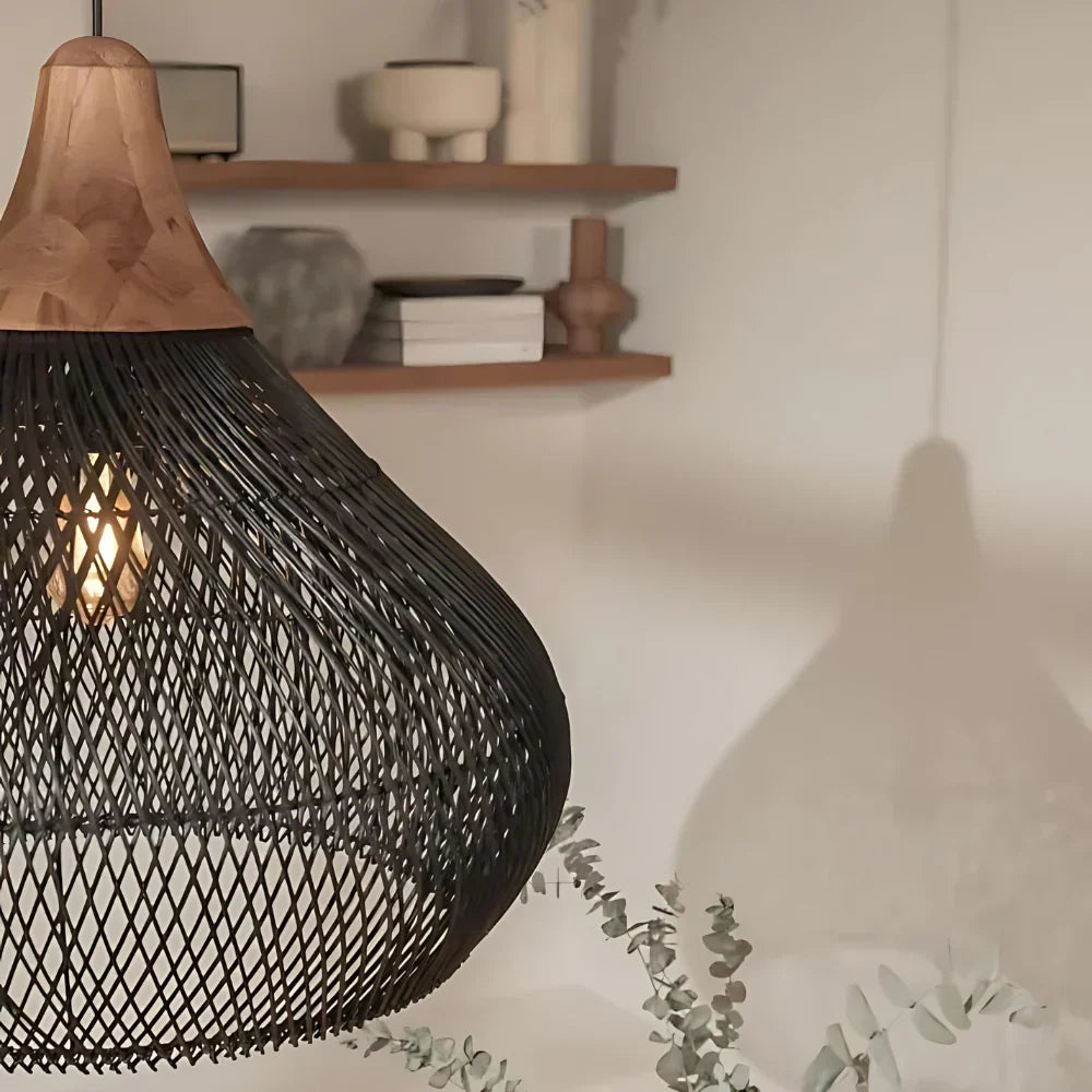 Boho Woven Rattan Pendant Light – Warm Glow – view 3 | BROKLEN