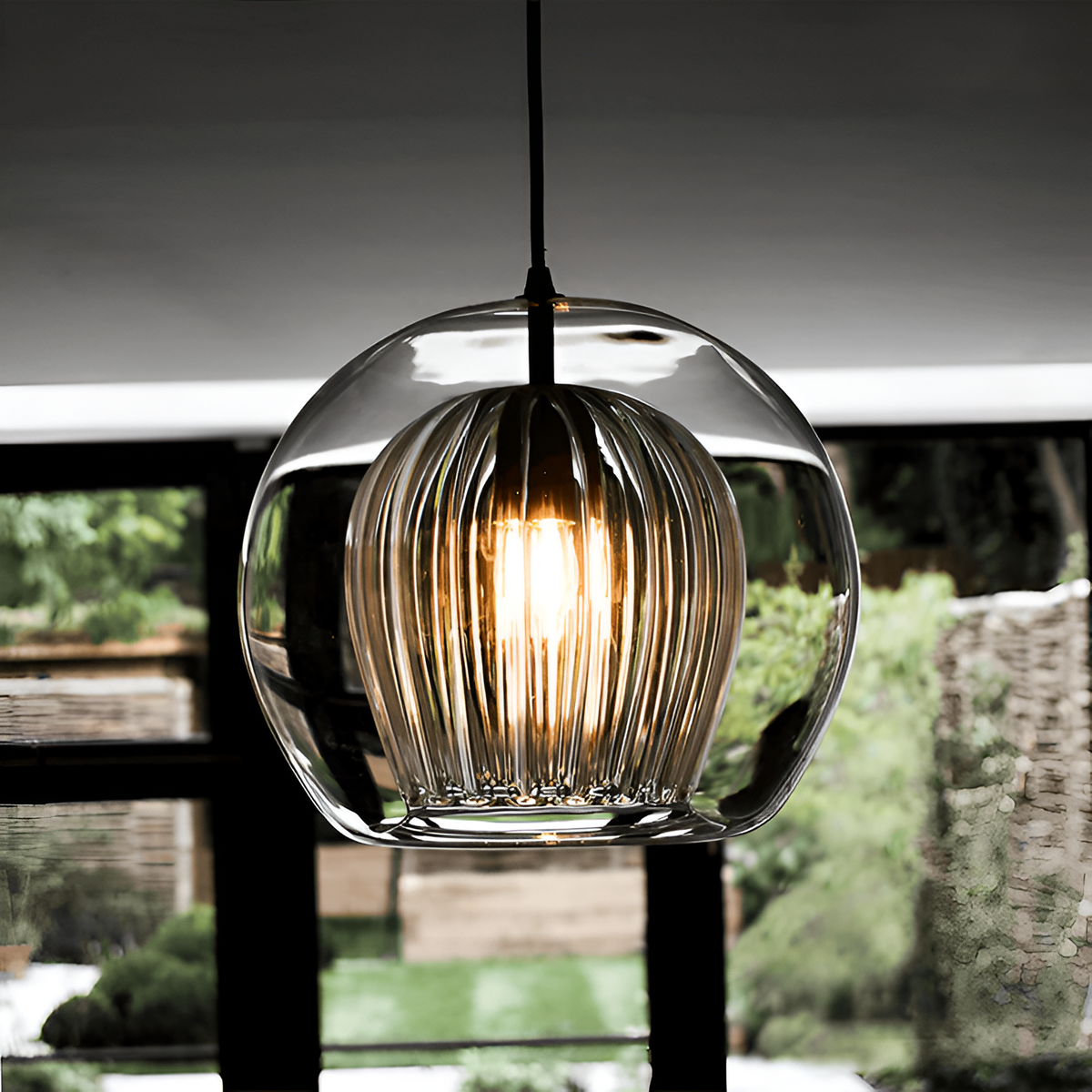 Ribbed Glass Globe Pendant Light – view 3 | BROKLEN