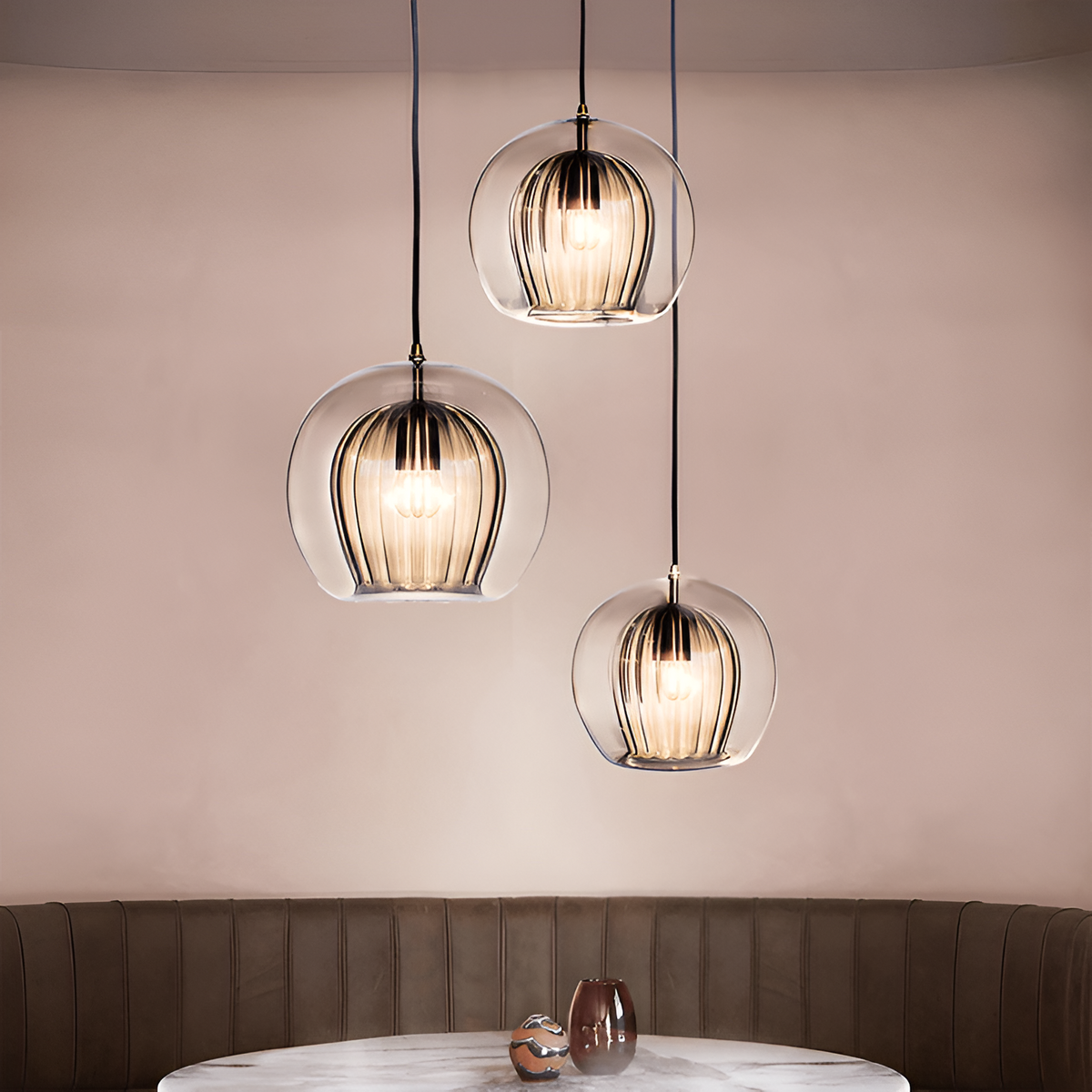Ribbed Glass Globe Pendant Light – view 4 | BROKLEN