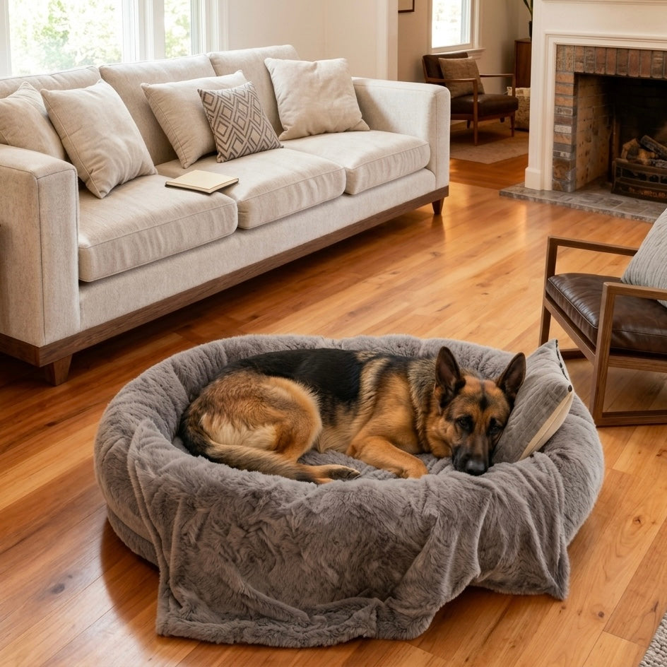Large Dog Bed – Plush Faux Fur with Storage Pocket & Blanket Set | BROKLEN