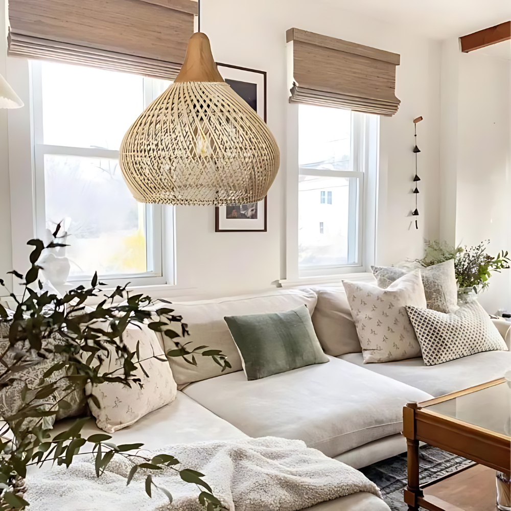 Boho Woven Rattan Pendant Light – Warm Glow – view 4 | BROKLEN