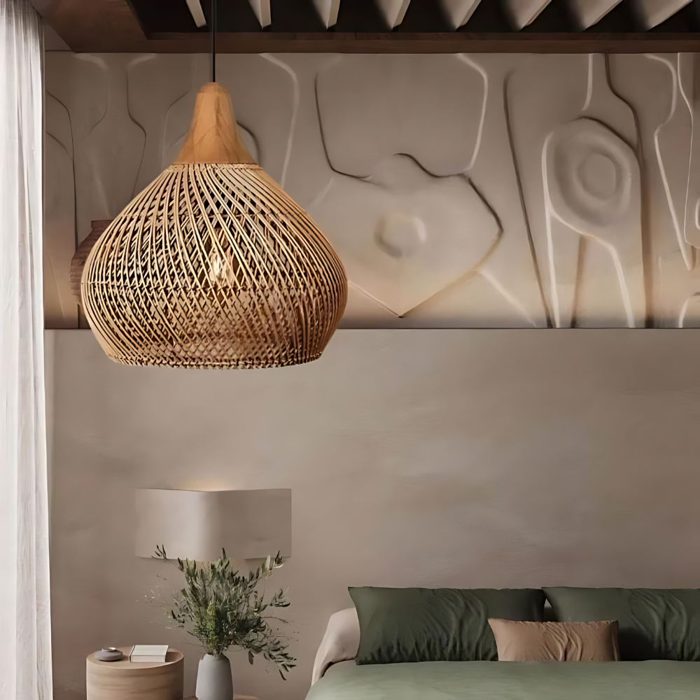 Boho Woven Rattan Pendant Light – Warm Glow – view 6 | BROKLEN