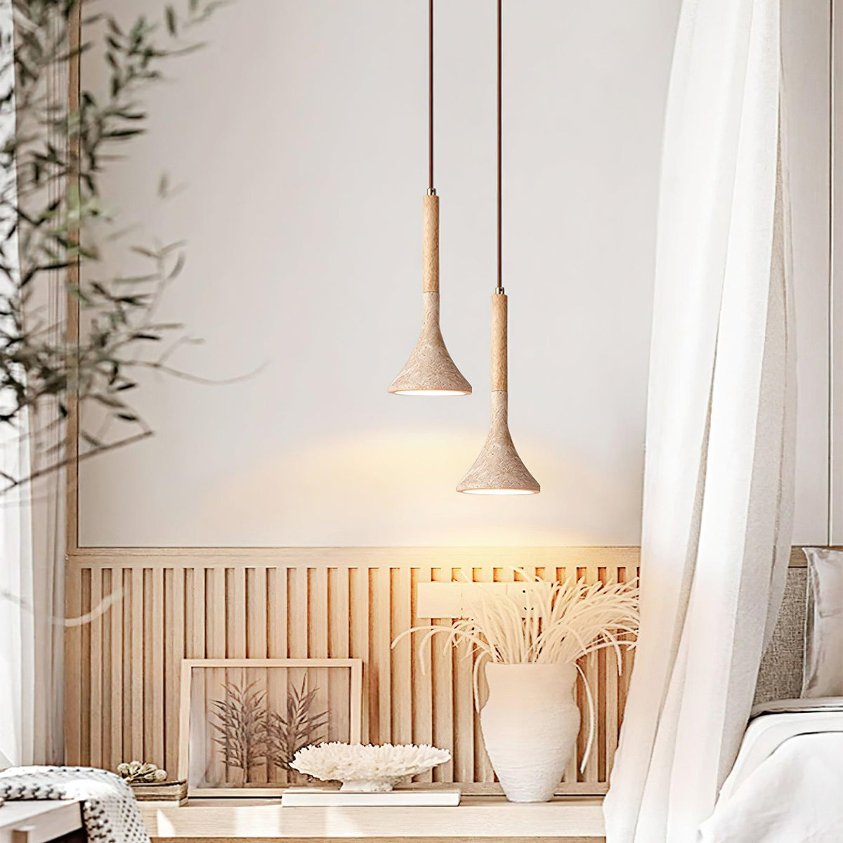 Japandi Travertine & Wood Pendant Light – view 3 | BROKLEN
