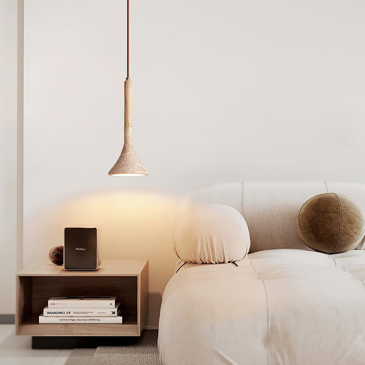 Japandi Travertine & Wood Pendant Light – view 5 | BROKLEN
