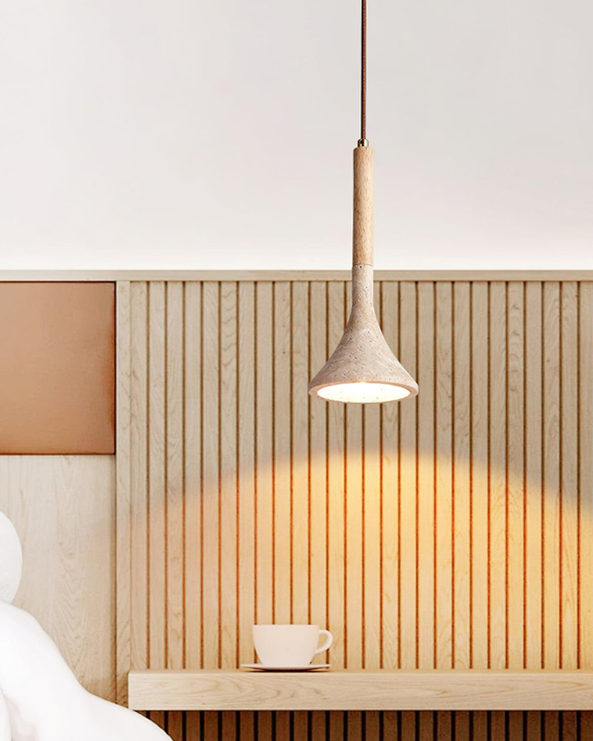 Japandi Travertine & Wood Pendant Light – view 4 | BROKLEN