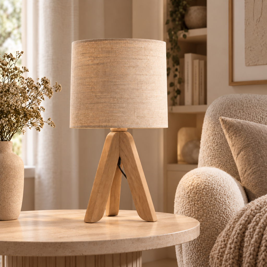 Wooden Tripod Table Lamp with Linen Shade – view 3 | BROKLEN