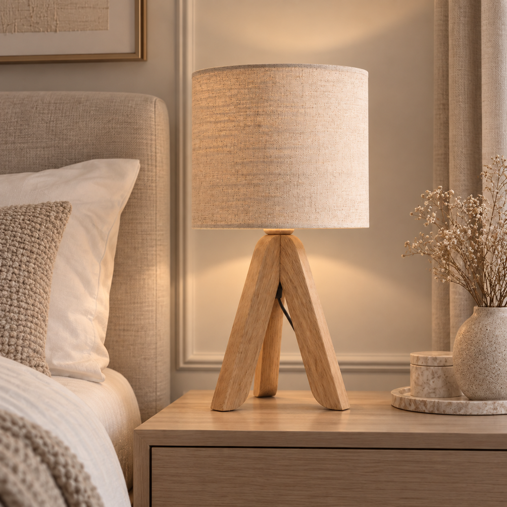 Wooden Tripod Table Lamp with Linen Shade – view 4 | BROKLEN
