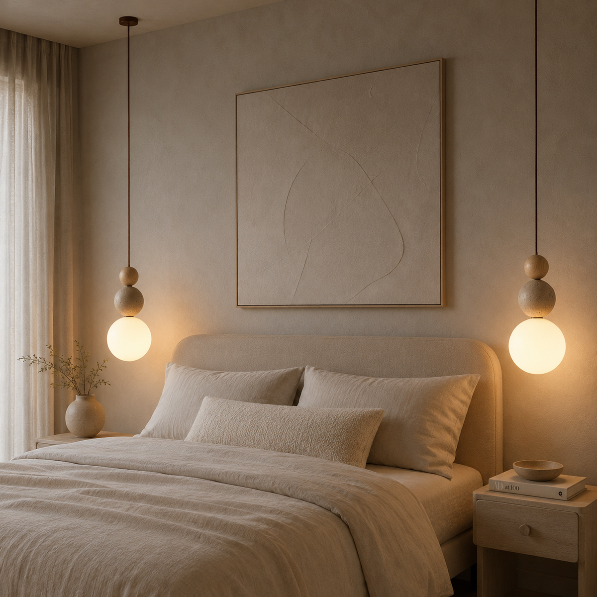 Travertine, Wood & Glass Bedside Pendant Light – view 3 | BROKLEN
