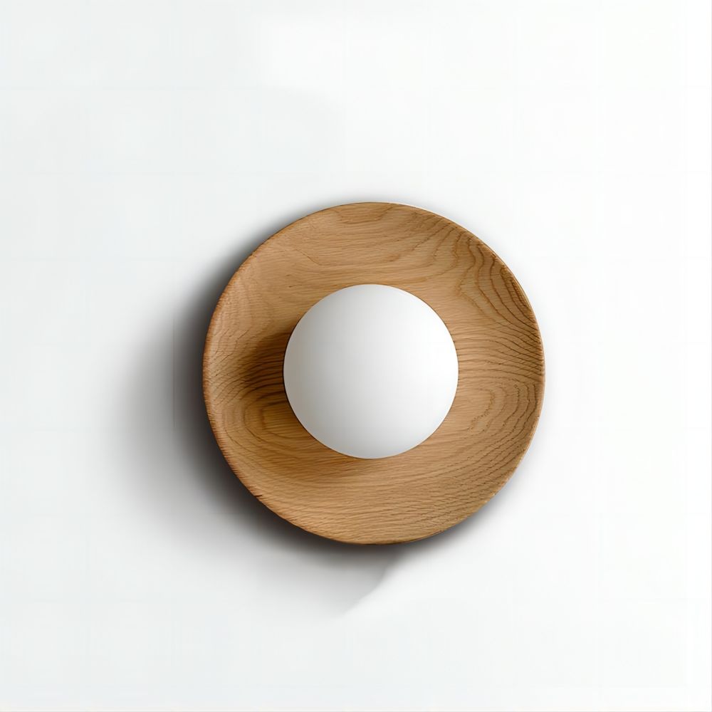 Round Wooden Wall Light with Frosted Glass Globe – view 7 | BROKLEN