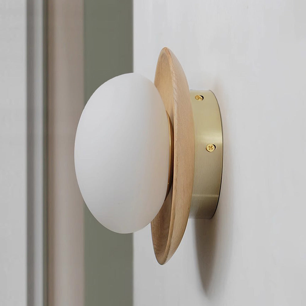 Round Wooden Wall Light with Frosted Glass Globe – view 2 | BROKLEN