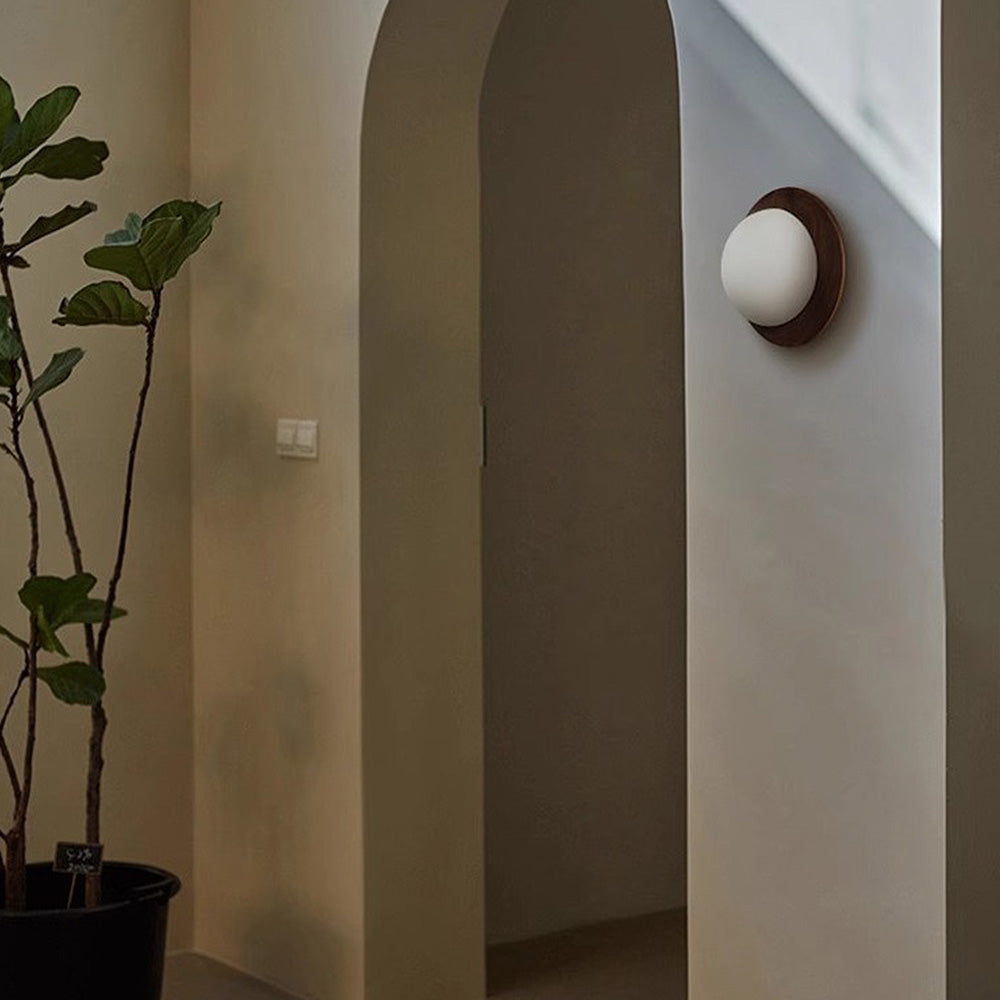 Round Wooden Wall Light with Frosted Glass Globe – view 8 | BROKLEN