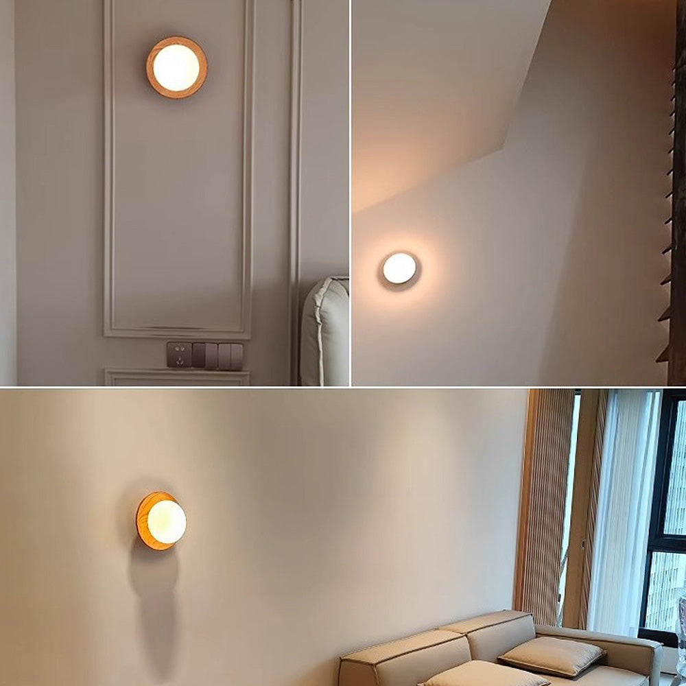Round Wooden Wall Light with Frosted Glass Globe – view 4 | BROKLEN