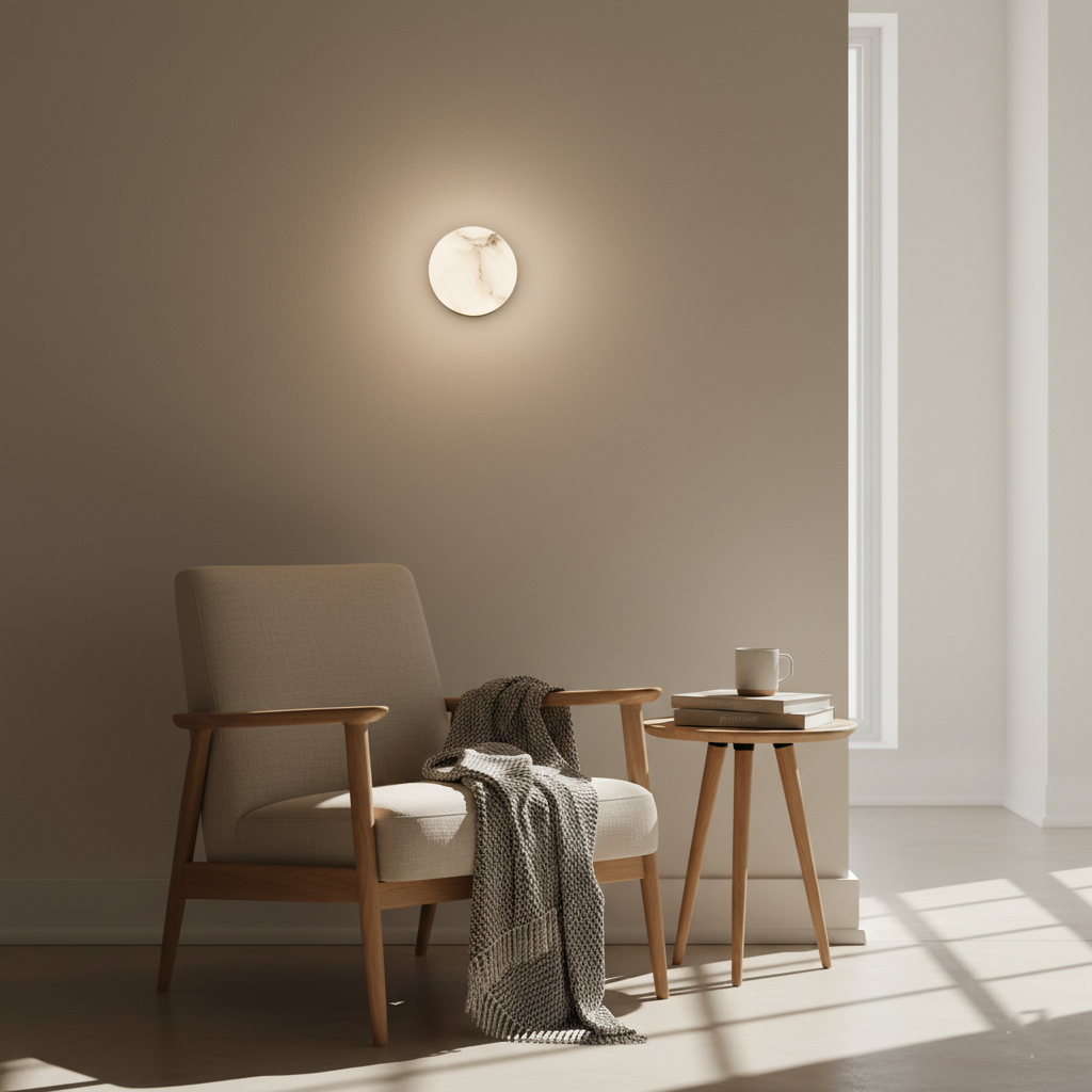 Round Alabaster LED Wall Light – Japandi – view 2 | BROKLEN