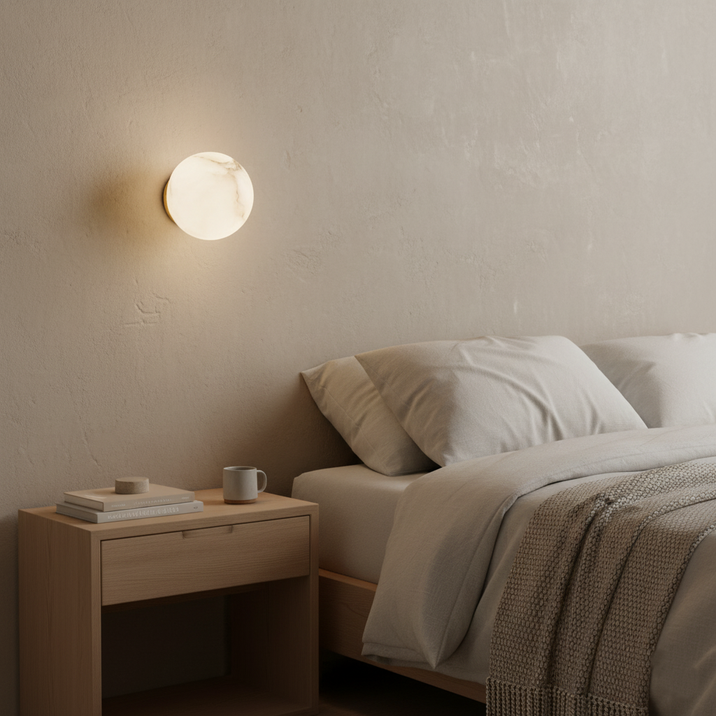 Round Alabaster LED Wall Light – Japandi – view 3 | BROKLEN