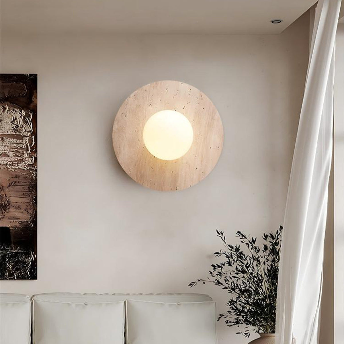 Natural Travertine Wall Sconce with Frosted Globe – view 2 | BROKLEN