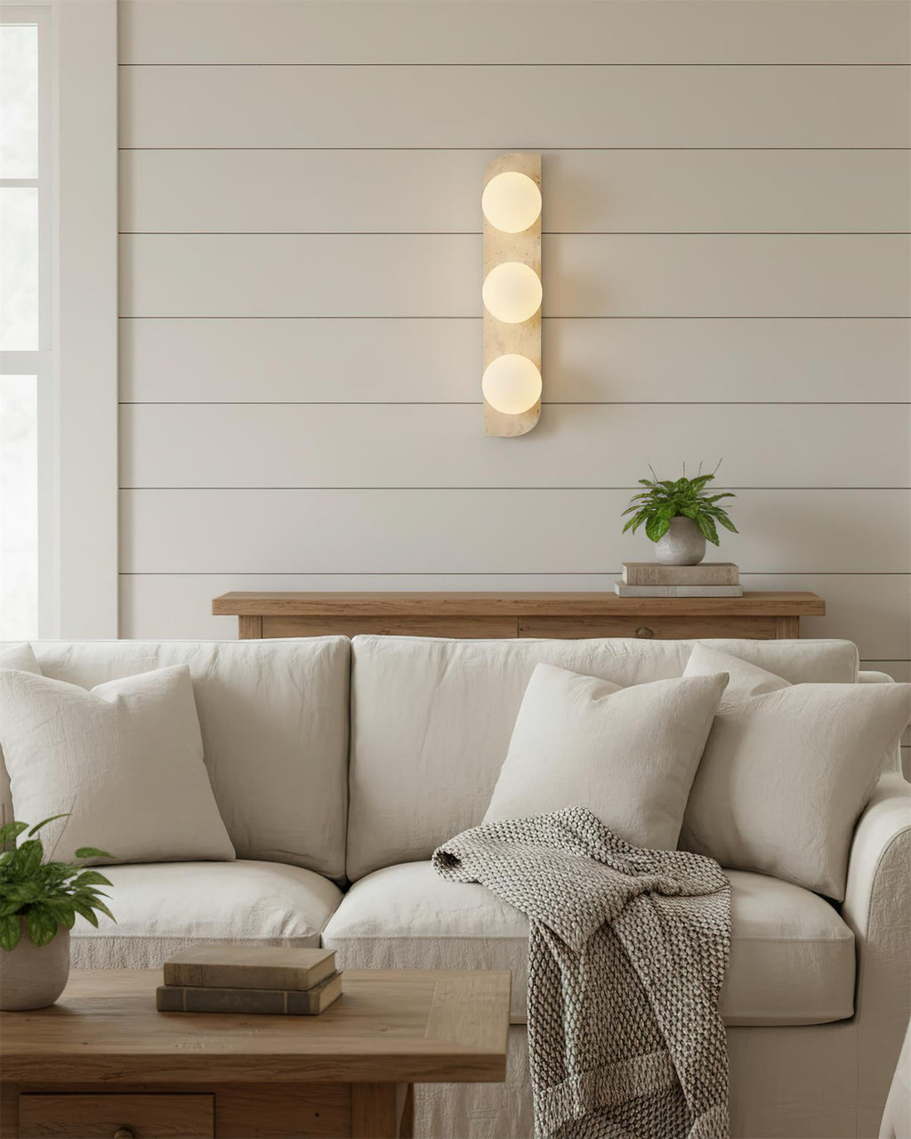 Travertine Wall Light with Frosted Globes – view 10 | BROKLEN