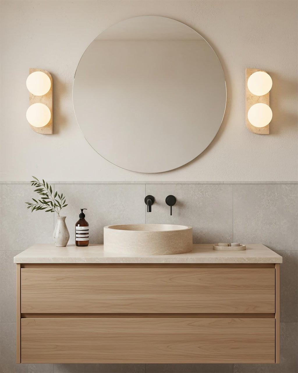 Travertine Wall Light with Frosted Globes – view 9 | BROKLEN