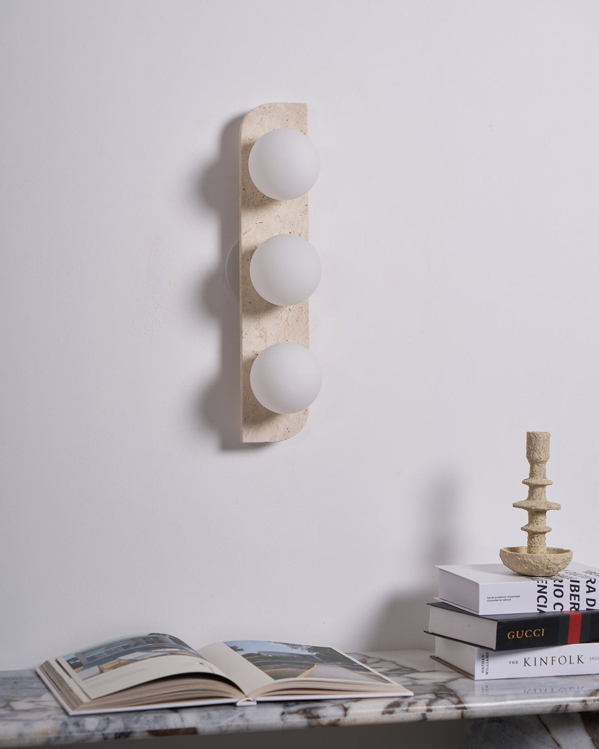 Travertine Wall Light with Frosted Globes – view 14 | BROKLEN