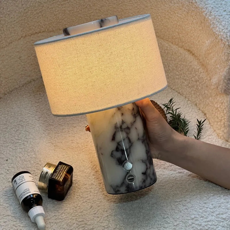 Cordless Veined Marble and Linen Bedside Lamp, Rechargeable – view 5 | BROKLEN