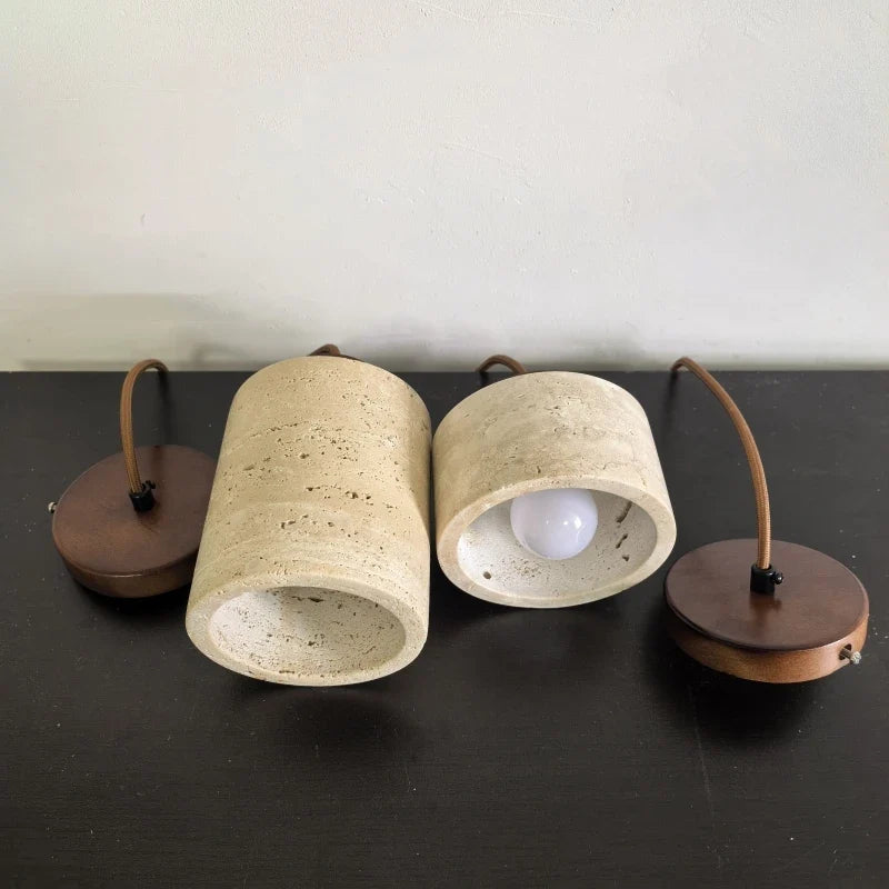Cylindrical Travertine Pendant Light with Walnut Ceiling Rose – view 13 | BROKLEN