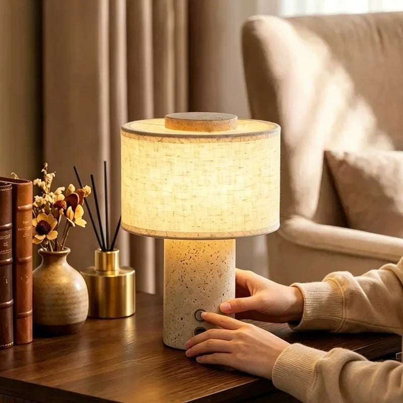 Cordless Travertine and Linen Bedside Lamp, USB-C Rechargeable – view 7 | BROKLEN