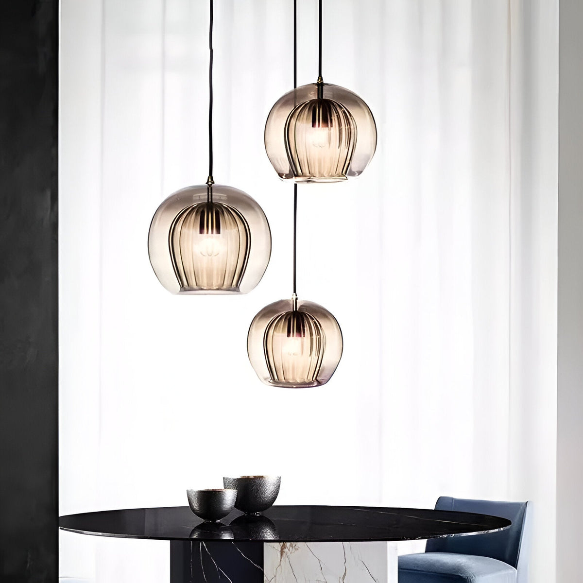 Ribbed Glass Globe Pendant Light – view 2 | BROKLEN