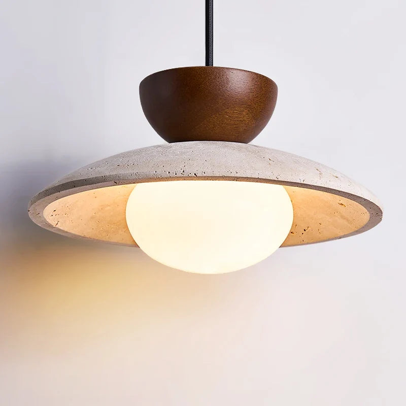 Travertine and Wood Disc Pendant Light, Ø 21 cm – view 14 | BROKLEN
